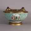 W547 Chinese porcelain moulded bowl, possibly 18th century, mounted as an inkwell, the exterior of the bowl with moulded fretwork with  panels painted with figures in various pursuits, the ormolu inkwell w