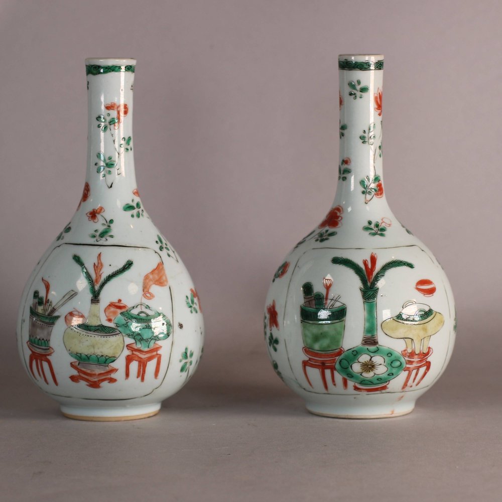 W657 Pair of Chinese famille verte bottle vases, Kangxi (1662-1722)