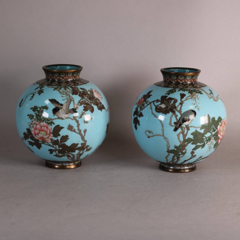 W659 Pair of silver and copper wire cloisonne vases Mieji circa 1900
