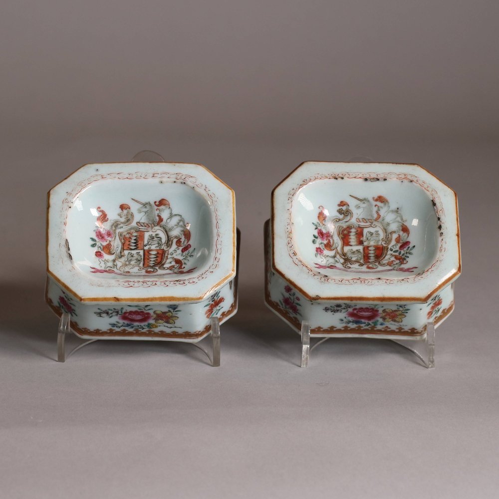 W660 Pair of Chinese famille rose armorial trencher salts, c.1770, Qianlong (1735-96)
