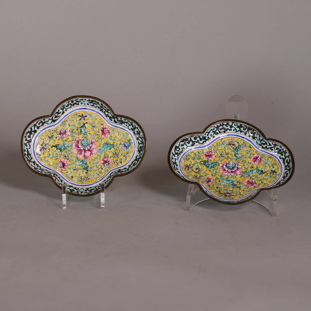 W741 Pair of Canton enamel quatrefoil saucers