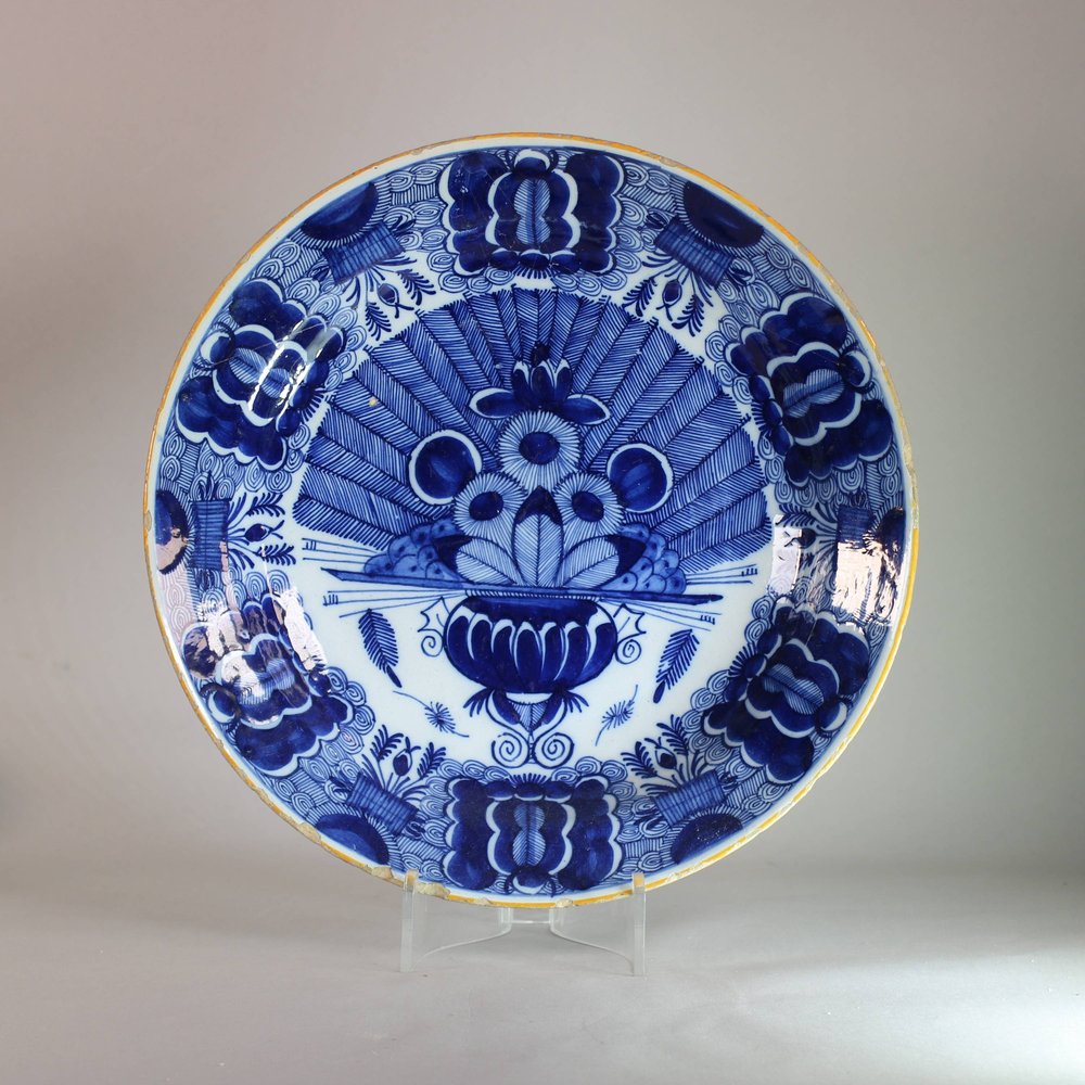 W862 Dutch delft blue and white peacock dish, 18th century,