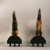 W990 Pair of MIng tile figures in the form of dynamic leaping carp in lead green and yellow glazed