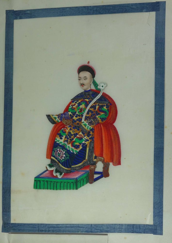 X410 Pith paper drawing, 19th century, of a seated dignitary