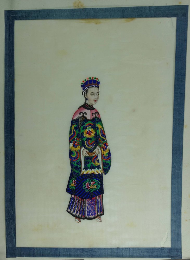 X413 Pith paper drawing, 19th century, of a standing lady