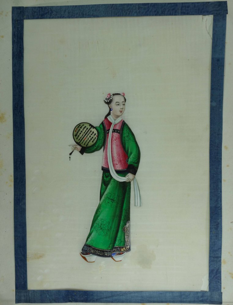 X415 Pith paper drawing, 19th century, of a lady holding a fan