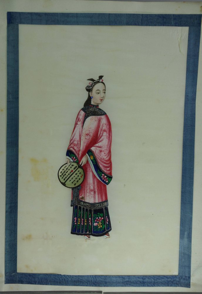 X421 Pith paper drawing, 19th century, of a lady holding a fan