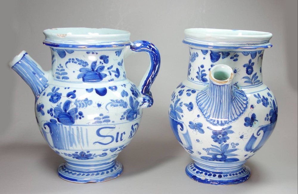 X435 Pair of Italian blue &amp; white Savona syrup jars