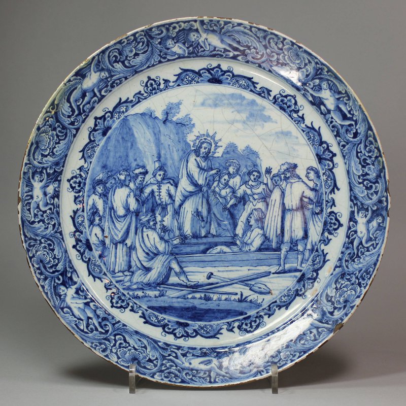 Dutch Delft blue and white dish, dated 1722