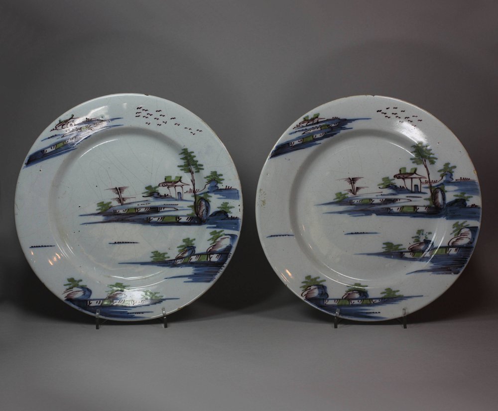 X575 Pair of English polychrome delft plates, mid 18th century