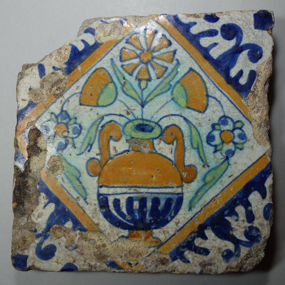 X610 Dutch delft polychrome 'Bloempot' tile, C.1610-1650