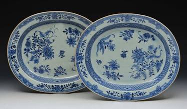 X647 Pair of Chinese Nankin blue and white oval chargers