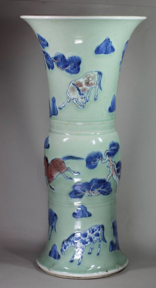 X706 Rare Chinese celadon ground underglaze blue and copper-red beaker