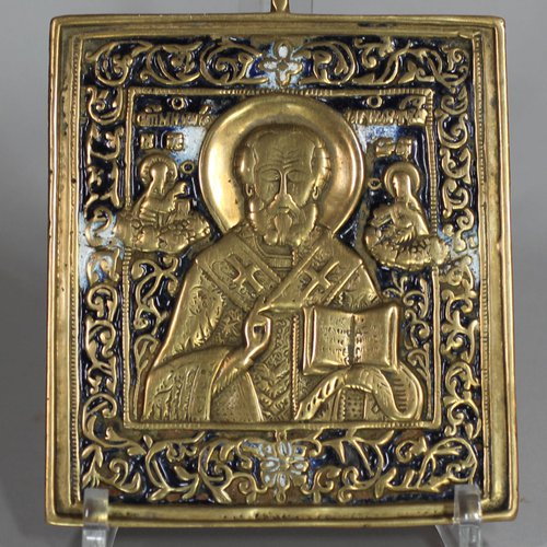 Russian metal travelling icon of St Nicholas of Myra