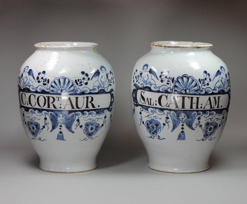 Y365 Pair of English delft drug jars, 18th century