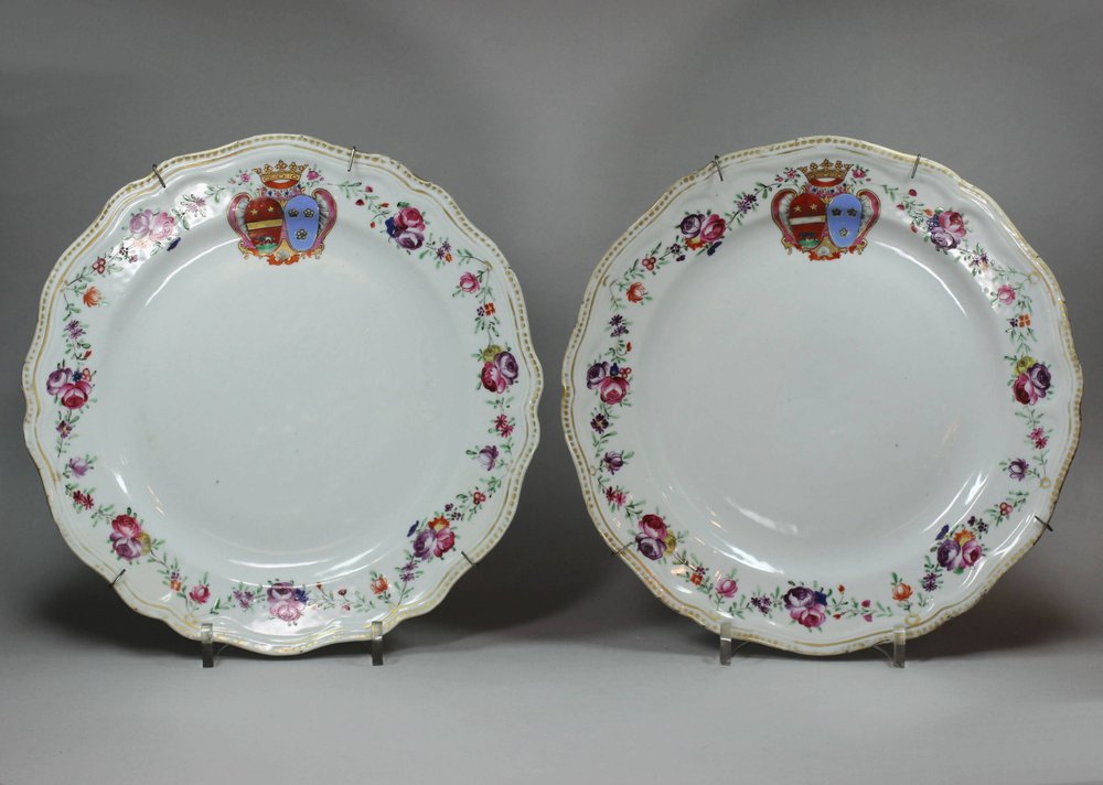 Y377 Pair of famille rose armorial plates, Qianlong (1736-95)