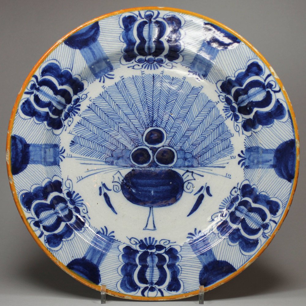 Y392 Dutch delft blue and white peacock plate, mid 18th century