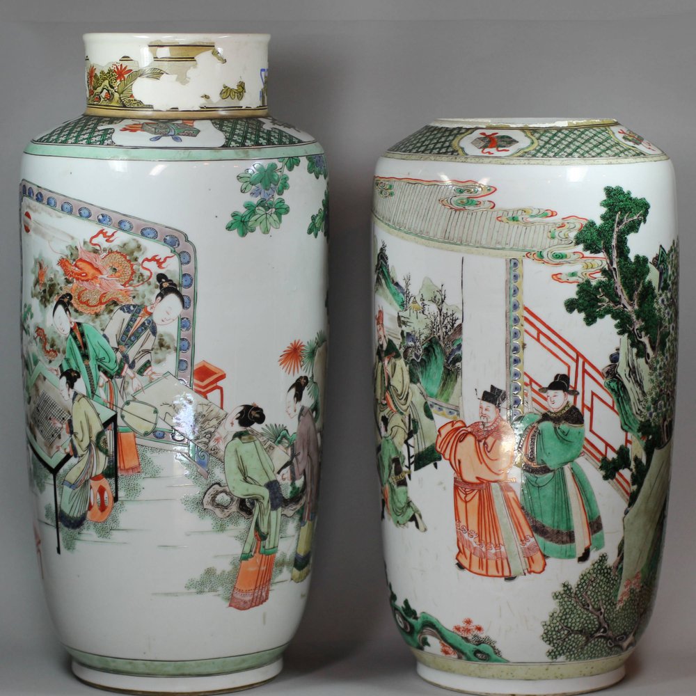 Y398 Pair of famille verte rouleau vases, Kangxi (1662-1722)