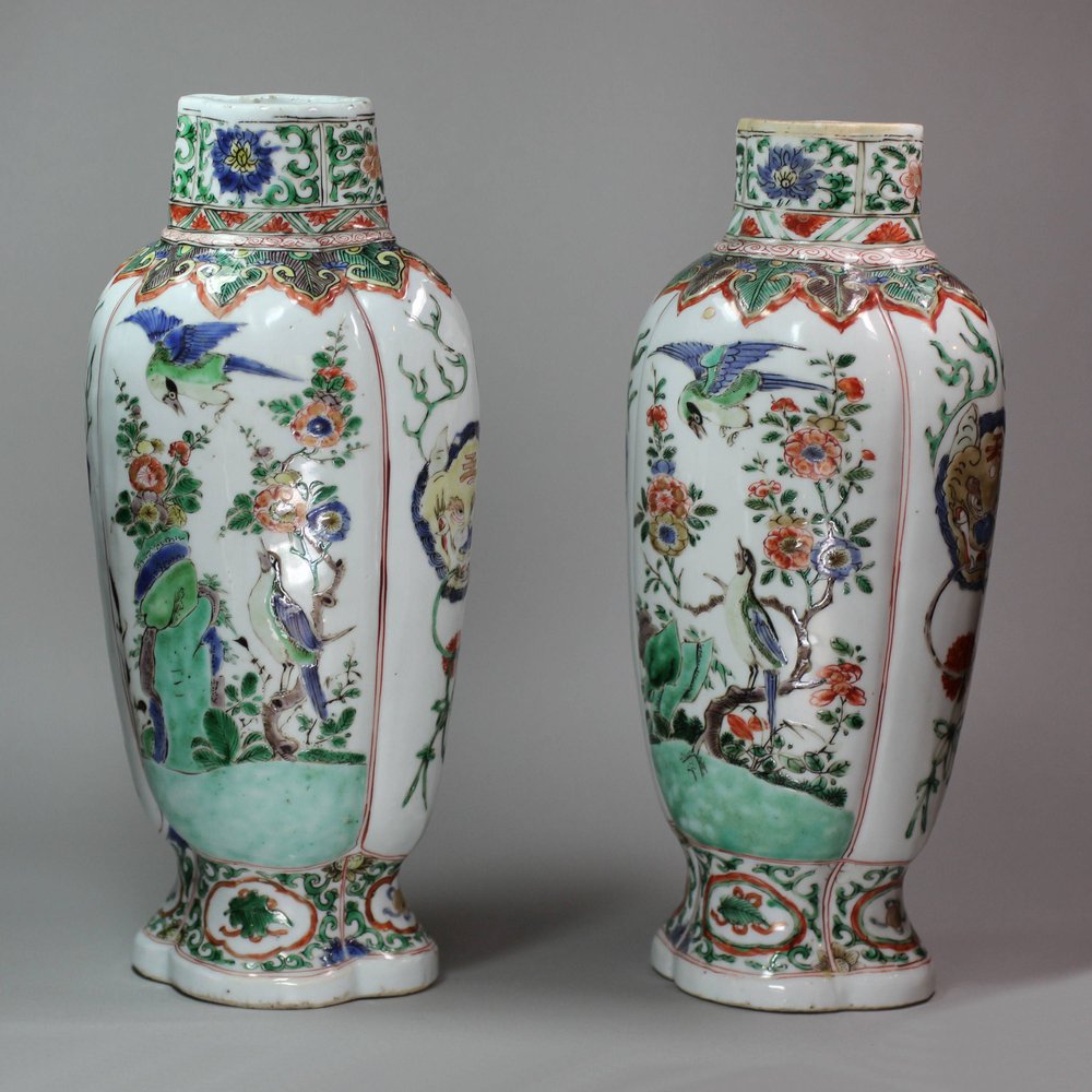 Y42 Pair of famille verte hexagonal garniture vases