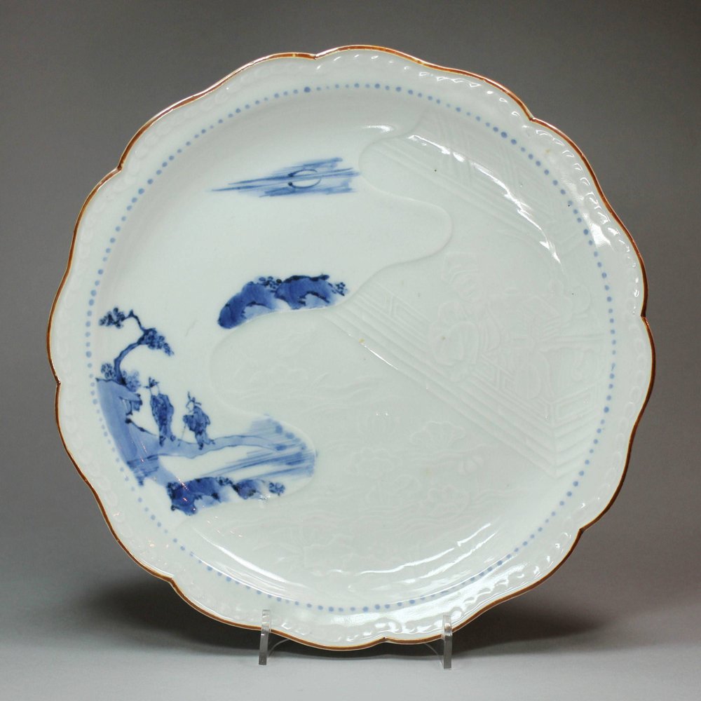 Y619 Japanese Arita blue and white relief decorated plate
