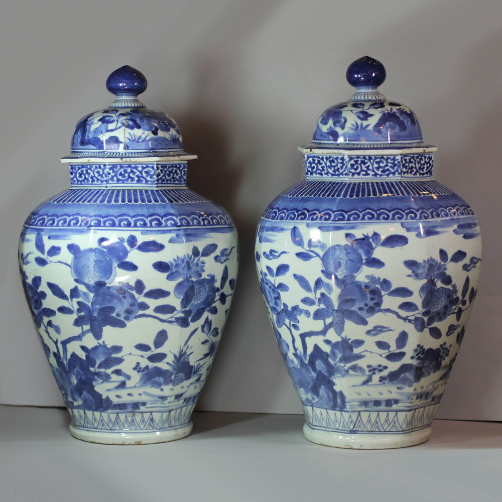 Y620 Pair of Japanese blue and white baluster vases and covers