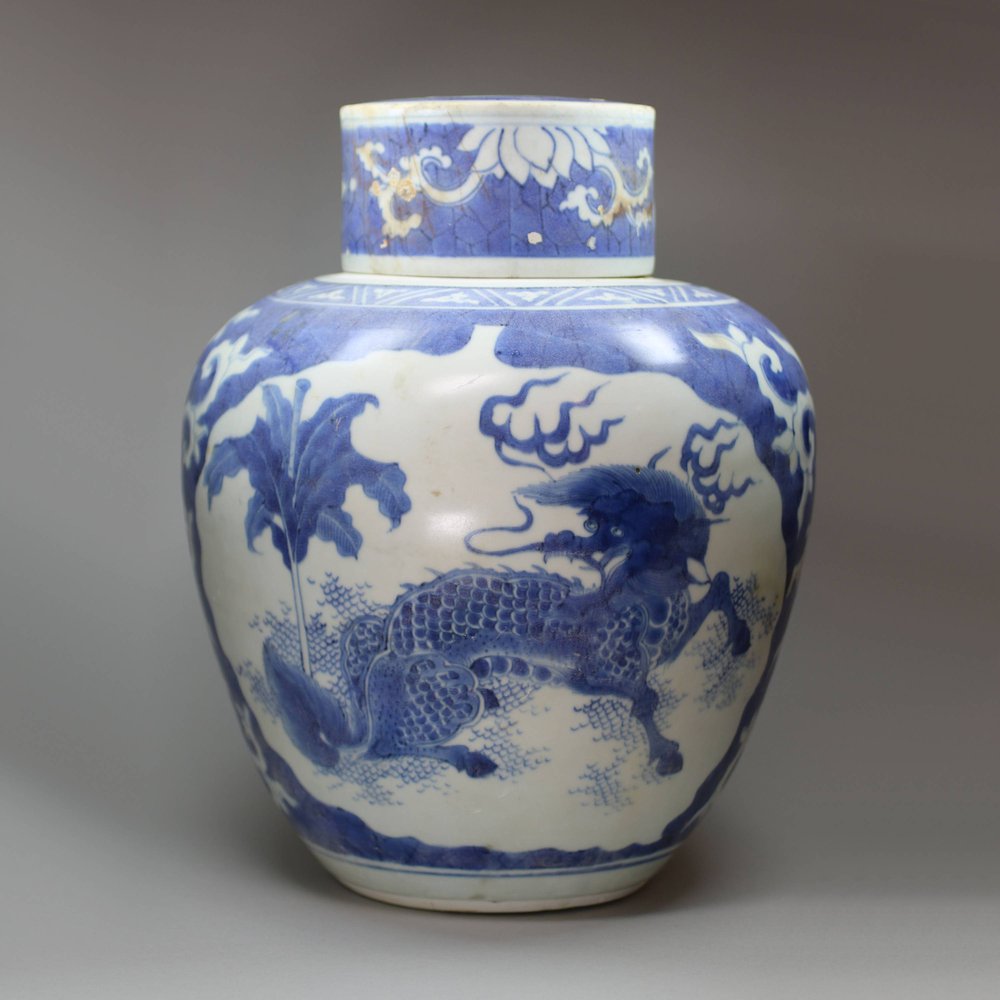 Y839 Blue and white 'Hatcher Cargo' ginger jar and drum-shaped cover