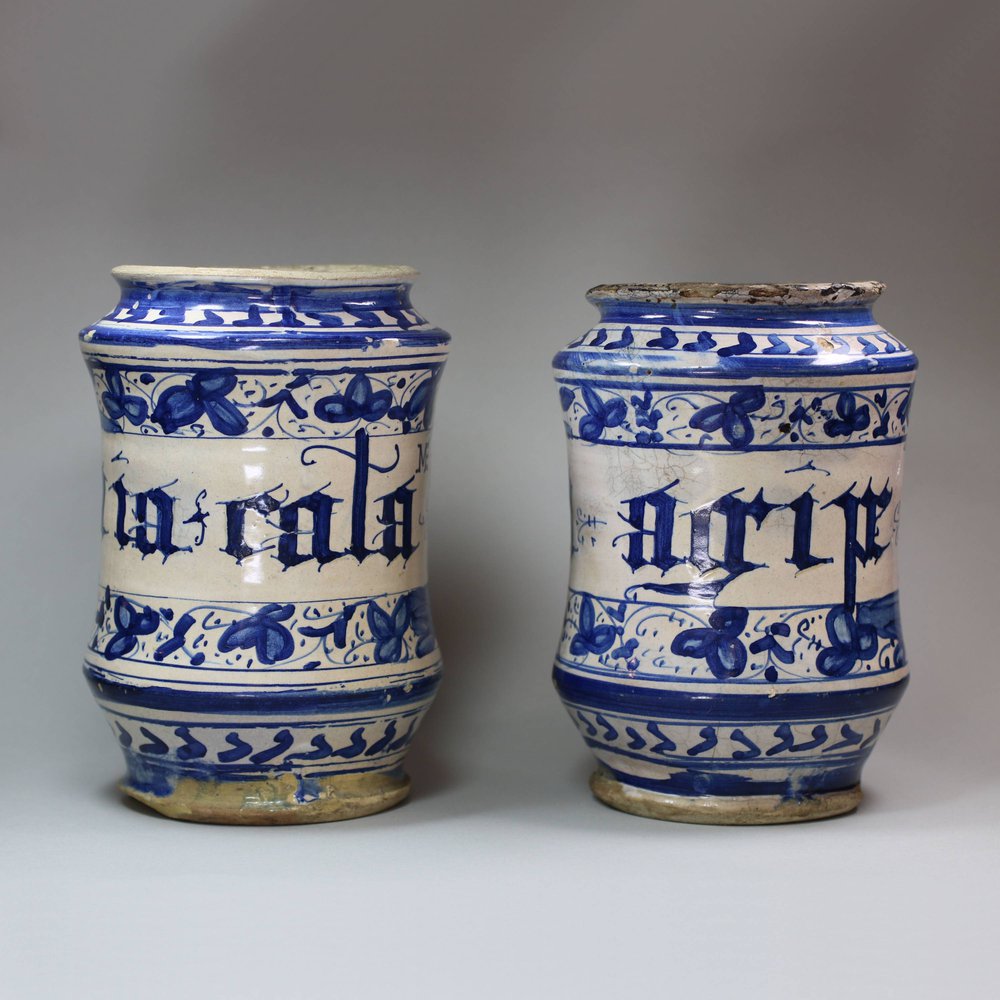 Y845 Pair of Italian Maiolica blue and white albarelli, Faenza