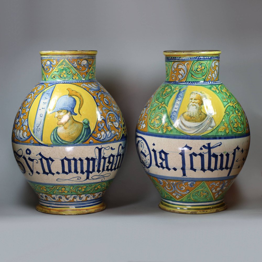 Y931 Pair of Italian Faenza maiolica polychrome albarelli