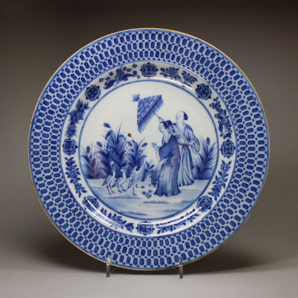 Y957 'Pronk' blue and white 'la dame au parasol' plate, c. 1740