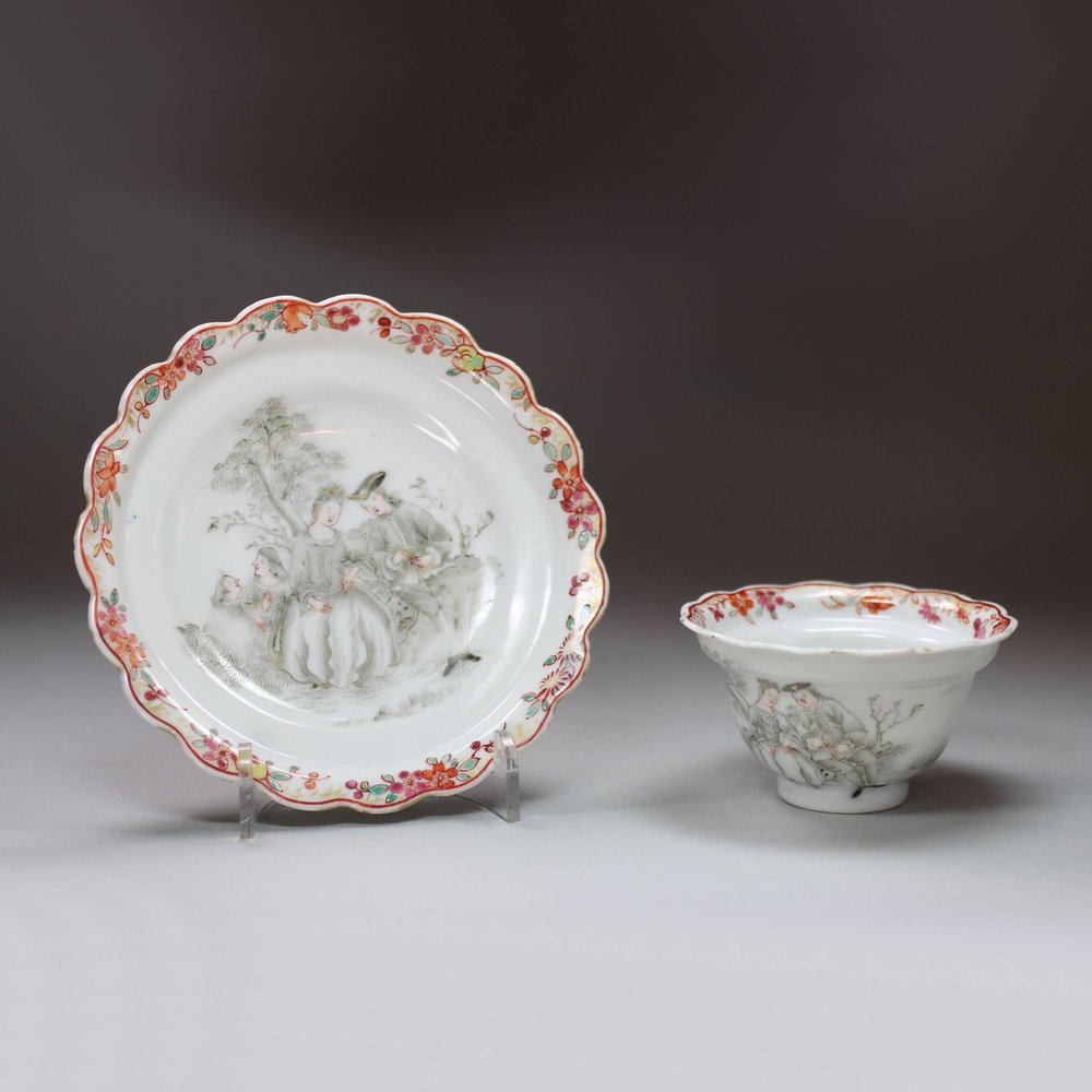 Y991 Grisaille 'European Subject' teabowl and saucer, c. 1750