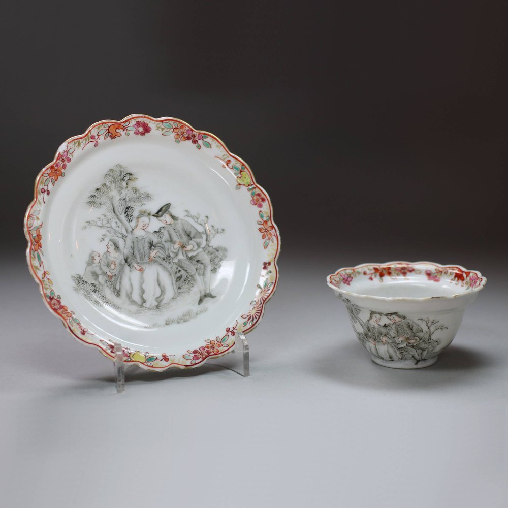 Y992 Grisaille 'European Subject' teabowl and saucer, c. 1750